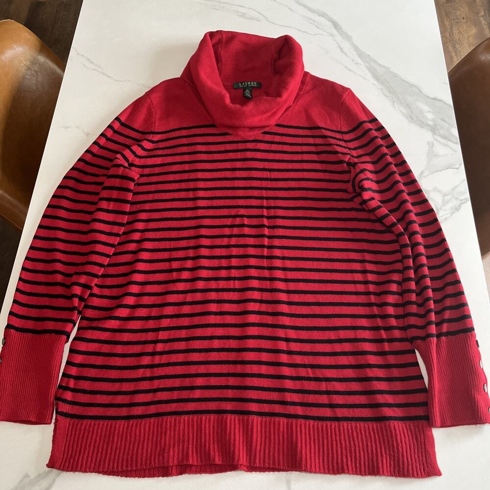 LAUREN RALPH LAUREN Tunic Sweater XL Wool Blend Cowl Neck Striped Pullover Red